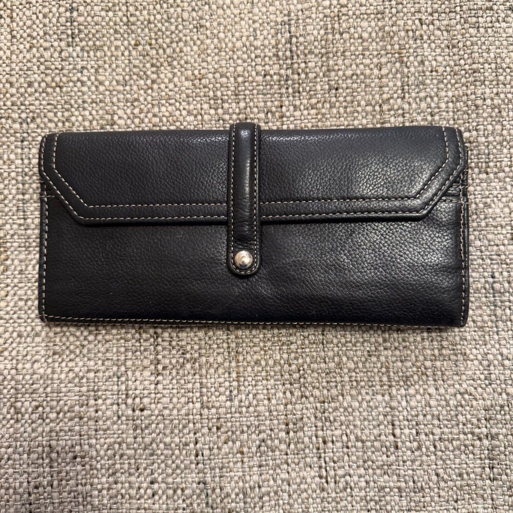 Fossil Black Leather Flap Clutch Wallet Multicolor Stripe Lining Vintage Boho